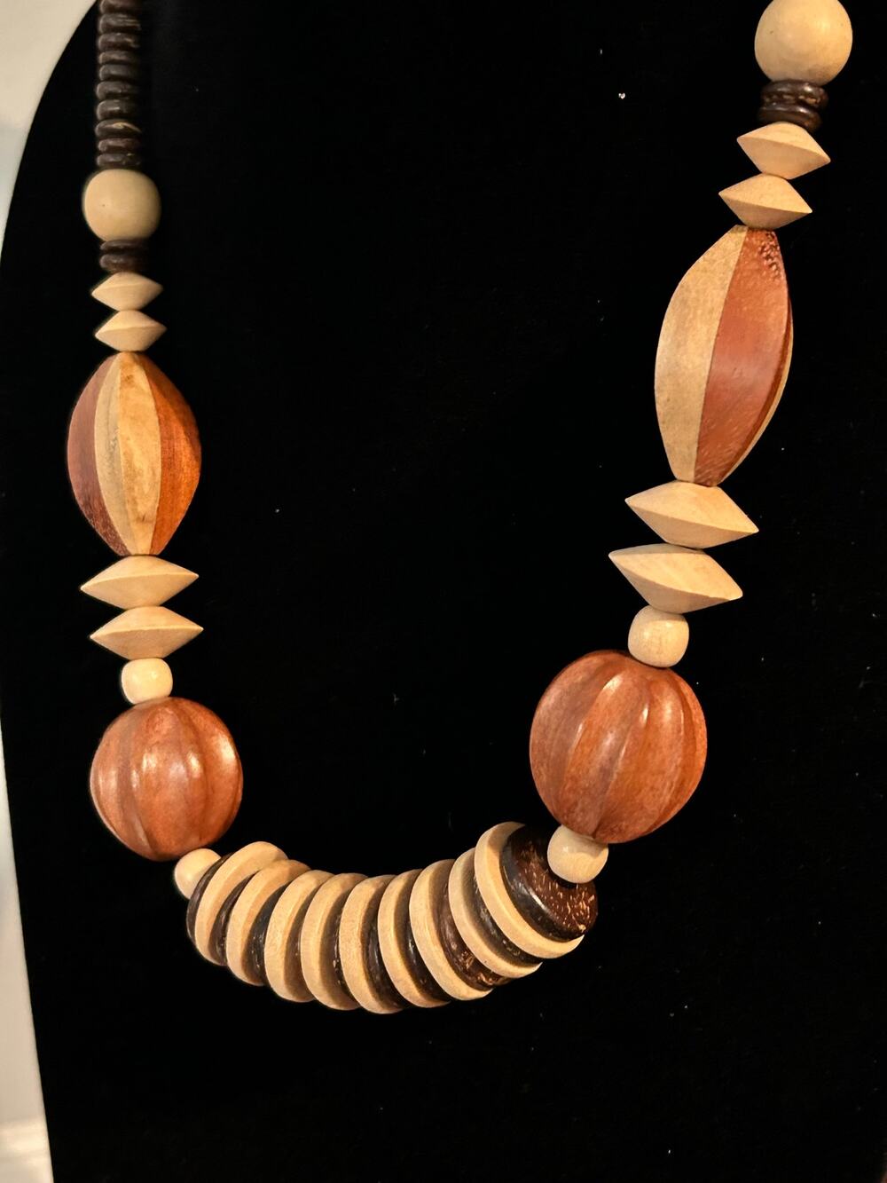 Vintage Chunky Wooden Statement Necklace 26" Brown Beige Cream Geometric Beads